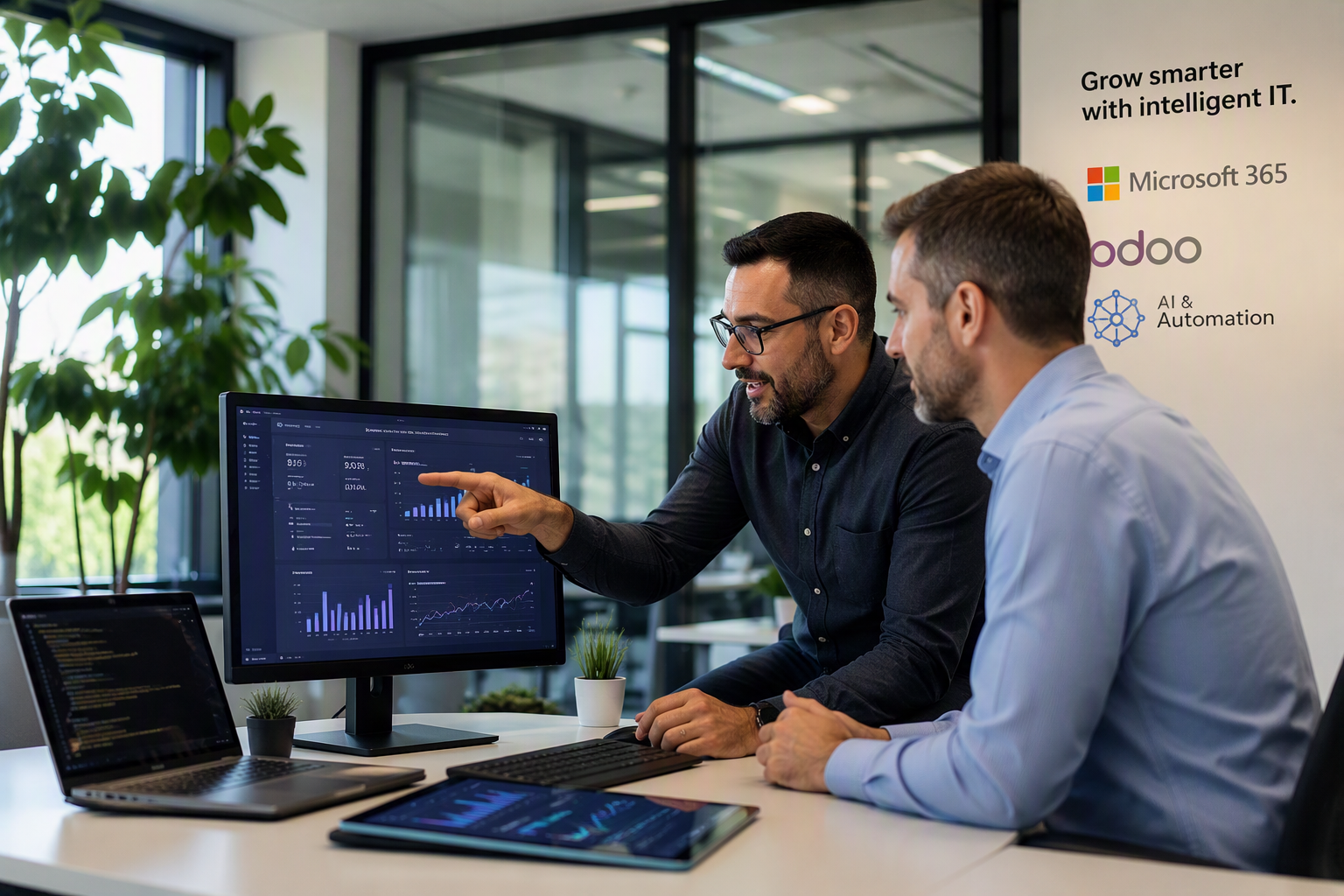 Veyt consultants reviewing Microsoft 365 and Power BI dashboards